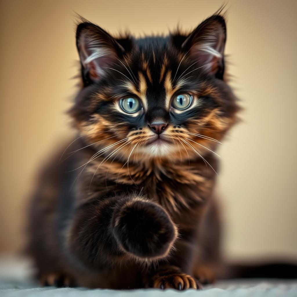 An adorable black and yellowish cat with a round, fluffy face resembling a Hubble space telescope, featuring straight ears that perk up attentively