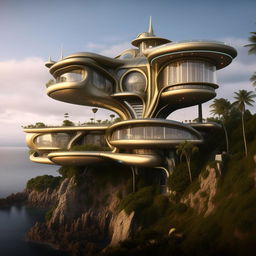 An elegant and detailed view of the iconic mansion from the Thunderbirds series, showcasing its futuristic architecture set on the island landscape