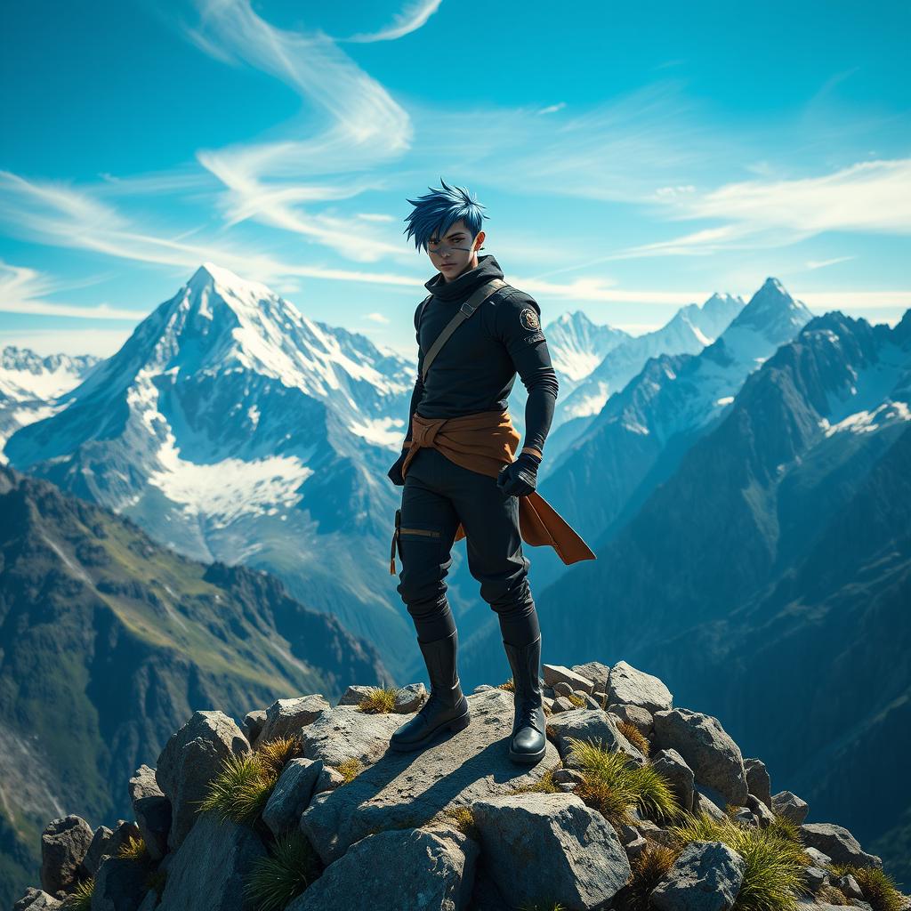 A dynamic scene featuring a young man with striking blue hair and an eye-covering headband, standing confidently on a rocky mountain peak