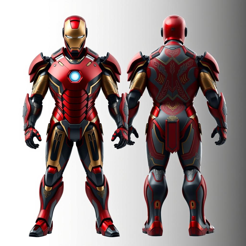 A fusion of Iron Man's armor with Achaemenid design elements, showcasing a complete and detailed suit