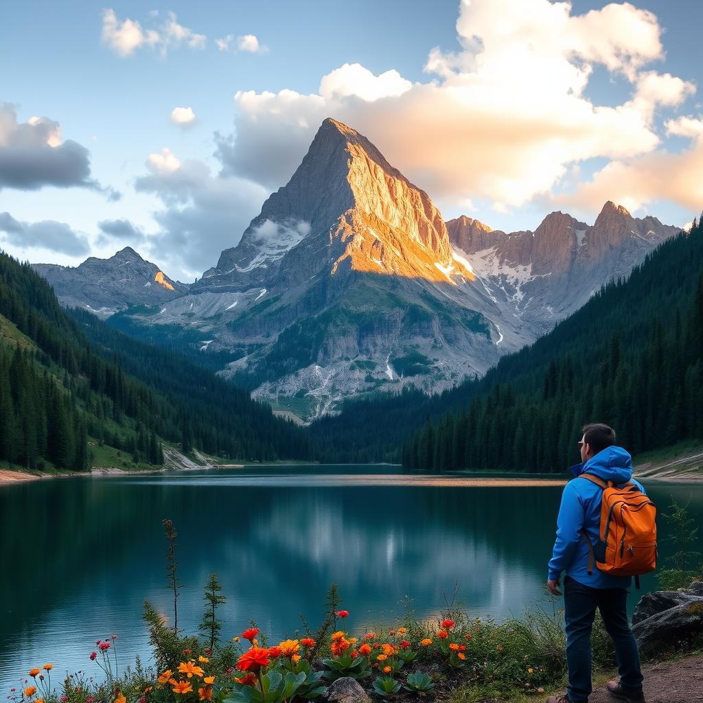 A serene and breathtaking mountain landscape featuring a majestic peak bathed in golden sunlight, surrounded by lush green forests and colorful wildflowers in the foreground