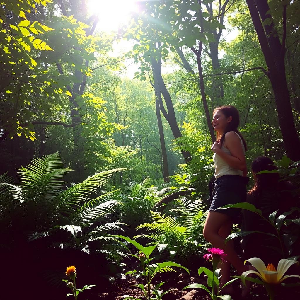 A serene and enchanting forest setting featuring a person standing amidst lush greenery