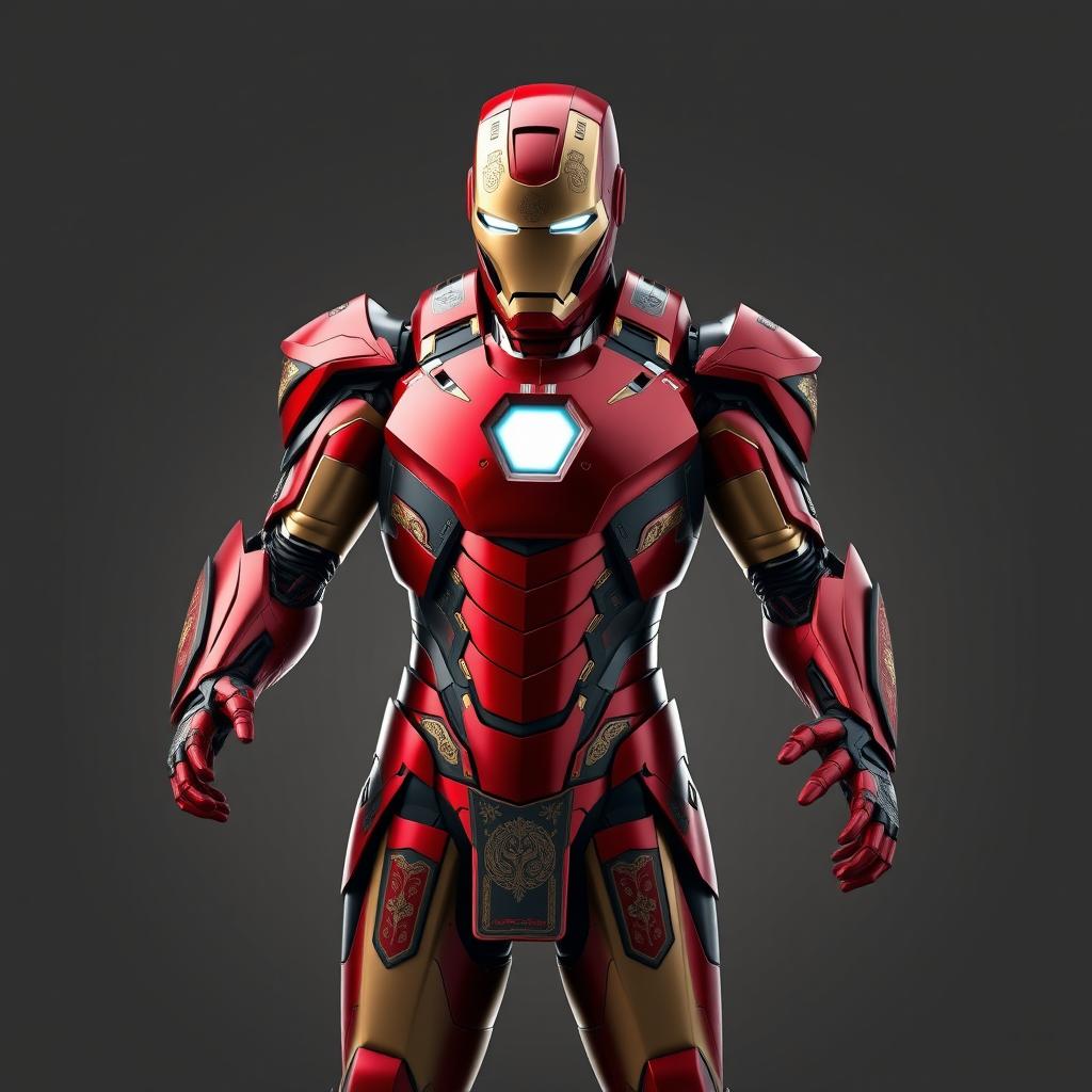 A fusion of Iron Man's armor with distinct Achaemenid design elements, featuring a complete and intricately detailed suit