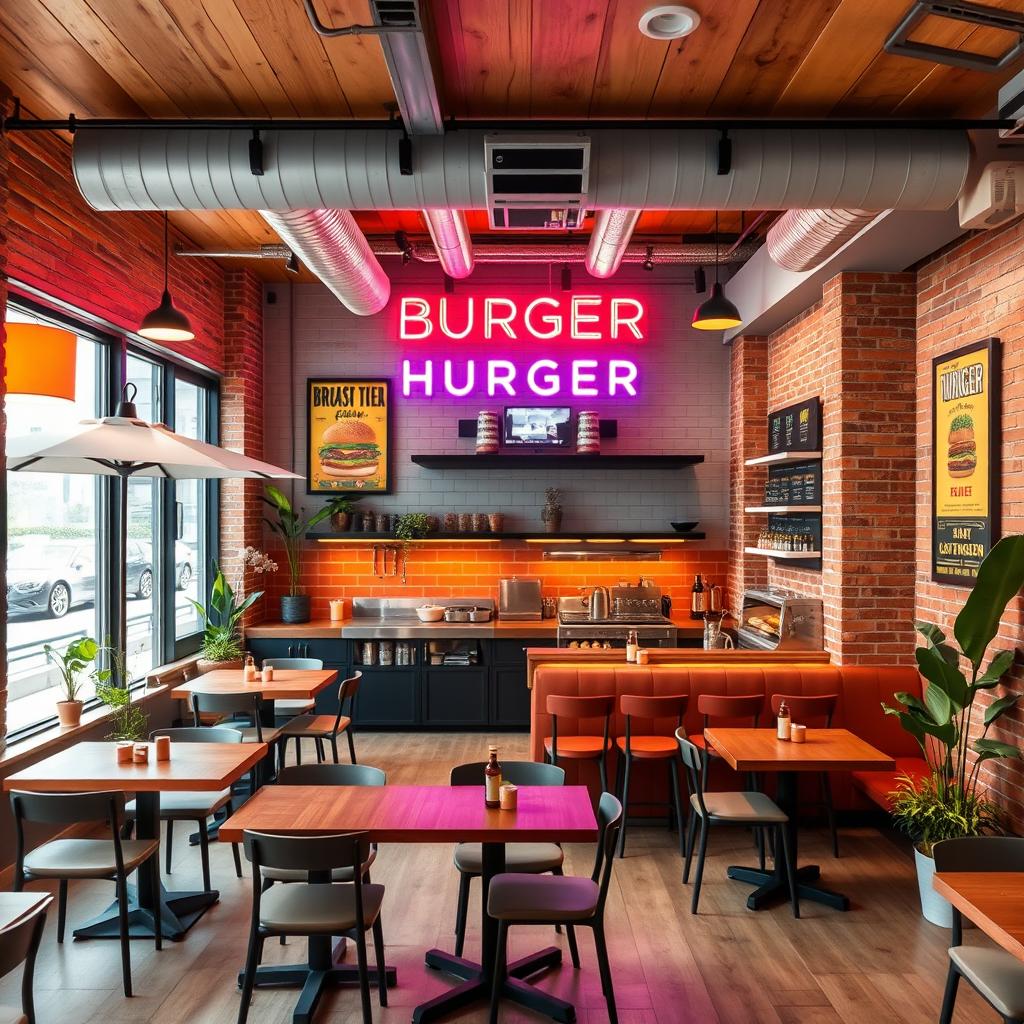 Design an inviting and modern hamburger and broaster restaurant interior, covering an area of 160 square meters