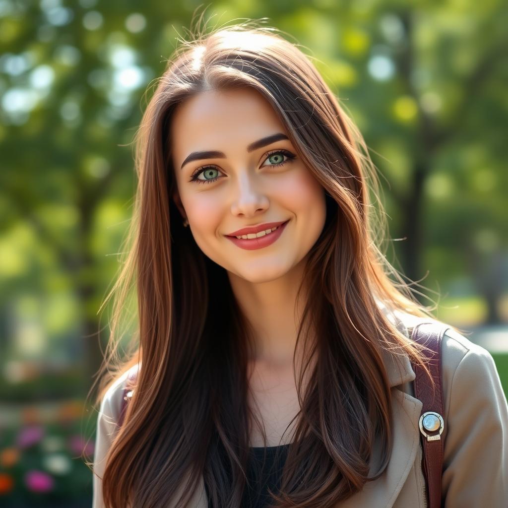 A stylized portrait of a young adult woman with long, flowing brunette hair and captivating green eyes