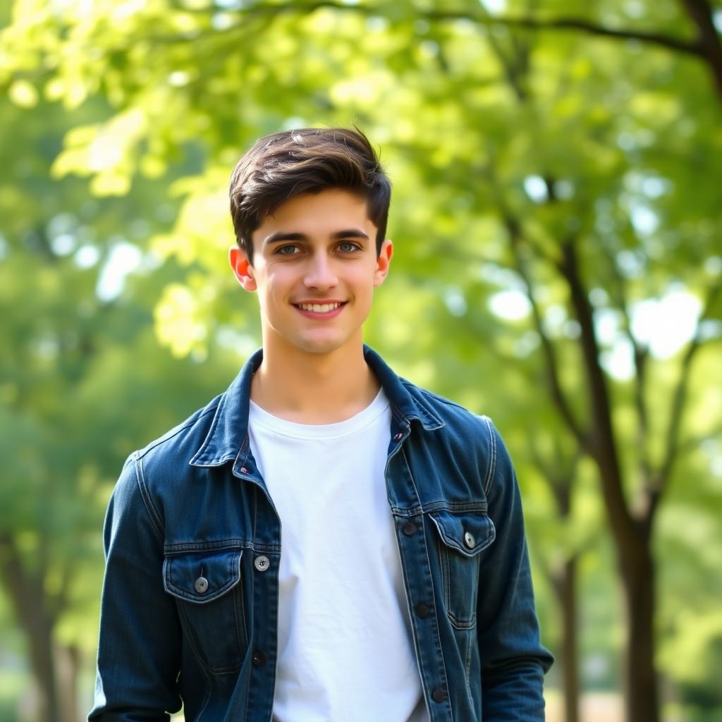 A handsome young man in his early twenties, with dark hair and striking blue eyes, standing outdoors