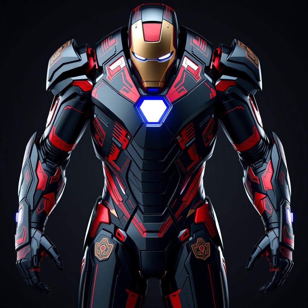 An enhanced fusion of Iron Man's armor featuring Achaemenid design elements, showcasing a complete and intricately detailed suit