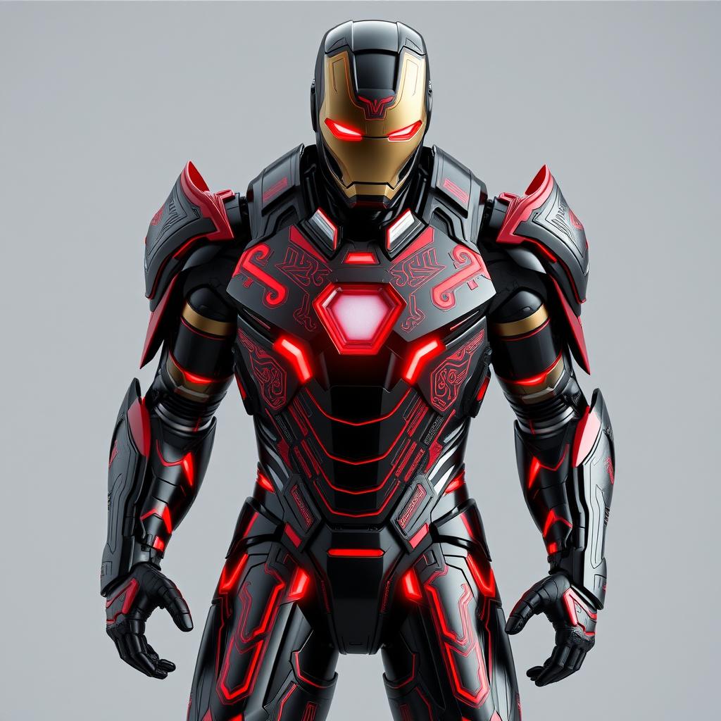 An enhanced depiction of Iron Man's armor, intricately designed with Achaemenid influences, showcasing a fully realized suit