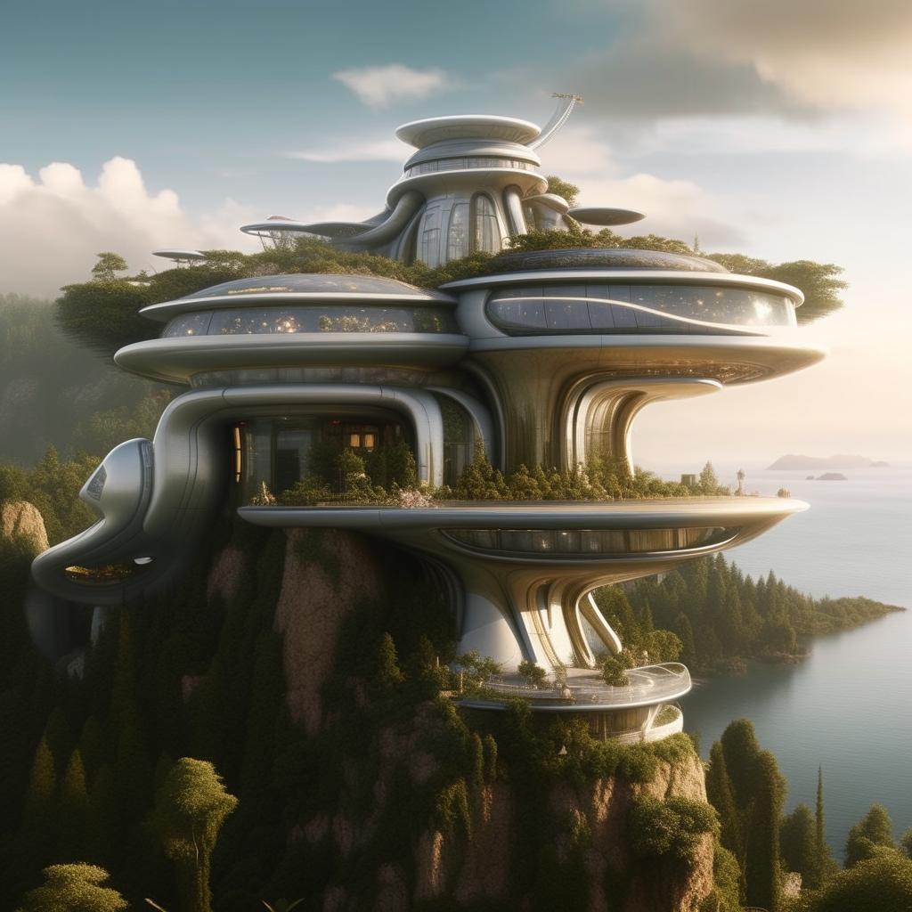 An elegant and detailed view of the iconic mansion from the Thunderbirds series, showcasing its futuristic architecture set on the island landscape