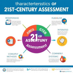 A unique and creative poster-style infographic displaying the 8 characteristics of 21st-century assessment: RESPONSIVE, FLEXIBLE, INTEGRATED, INFORMATIVE, MULTIPLE METHODS, COMMUNICATED, TECHNICALLY SOUND, SYSTEMATIC
