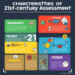 A unique and creative poster-style infographic displaying the 8 characteristics of 21st-century assessment: RESPONSIVE, FLEXIBLE, INTEGRATED, INFORMATIVE, MULTIPLE METHODS, COMMUNICATED, TECHNICALLY SOUND, SYSTEMATIC