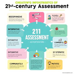 A unique and creative poster-style infographic displaying the 8 characteristics of 21st-century assessment: RESPONSIVE, FLEXIBLE, INTEGRATED, INFORMATIVE, MULTIPLE METHODS, COMMUNICATED, TECHNICALLY SOUND, SYSTEMATIC