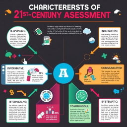 A unique and creative poster-style infographic displaying the 8 characteristics of 21st-century assessment: RESPONSIVE, FLEXIBLE, INTEGRATED, INFORMATIVE, MULTIPLE METHODS, COMMUNICATED, TECHNICALLY SOUND, SYSTEMATIC