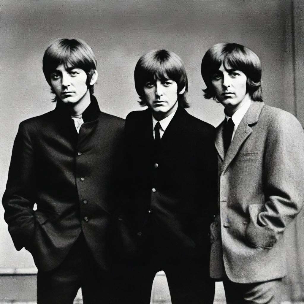 An iconic group portrait of The Beatles, showcasing John Lennon, Paul McCartney, George Harrison and Ringo Starr with their distinctive 60s style