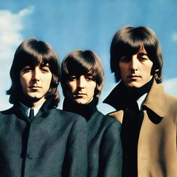 An iconic group portrait of The Beatles, showcasing John Lennon, Paul McCartney, George Harrison and Ringo Starr with their distinctive 60s style