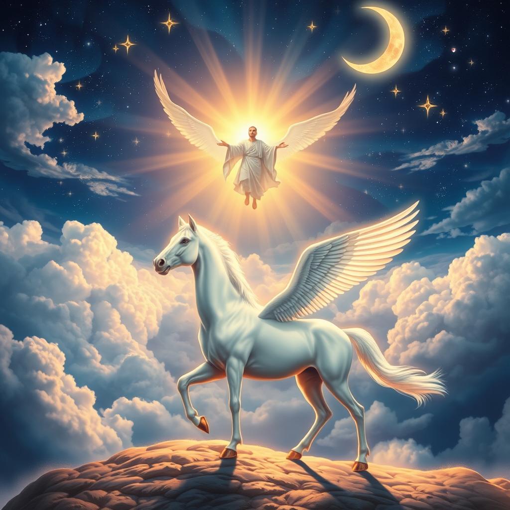 A magnificent portrayal of the Isra and Mi'raj, illustrating the night journey of the Prophet Muhammad
