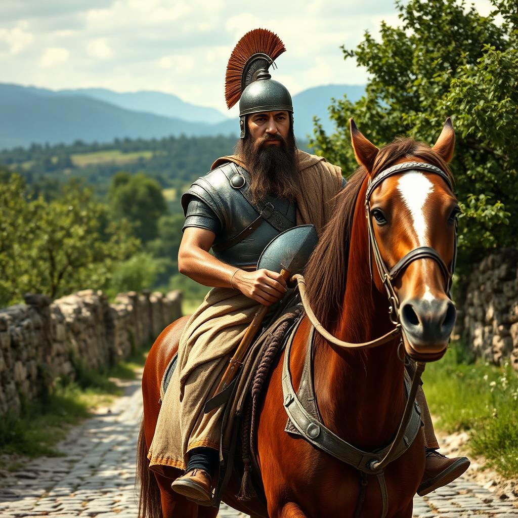 A Persian Achaemenid soldier wearing a simple round helmet and light armor, with a slightly long beard, riding a horse on a cobblestone royal road