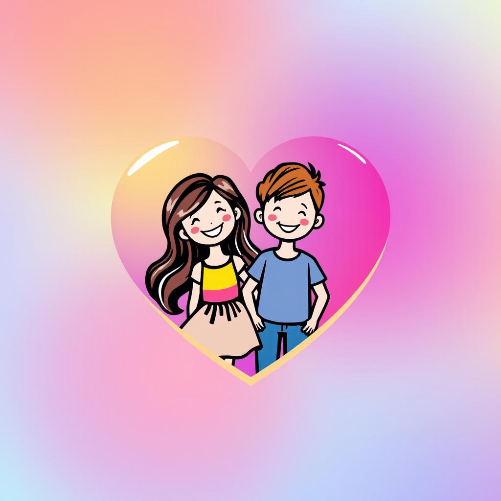 A heart-shaped logo featuring a stylized illustration of a girl and a boy, both smiling joyfully, inside the heart