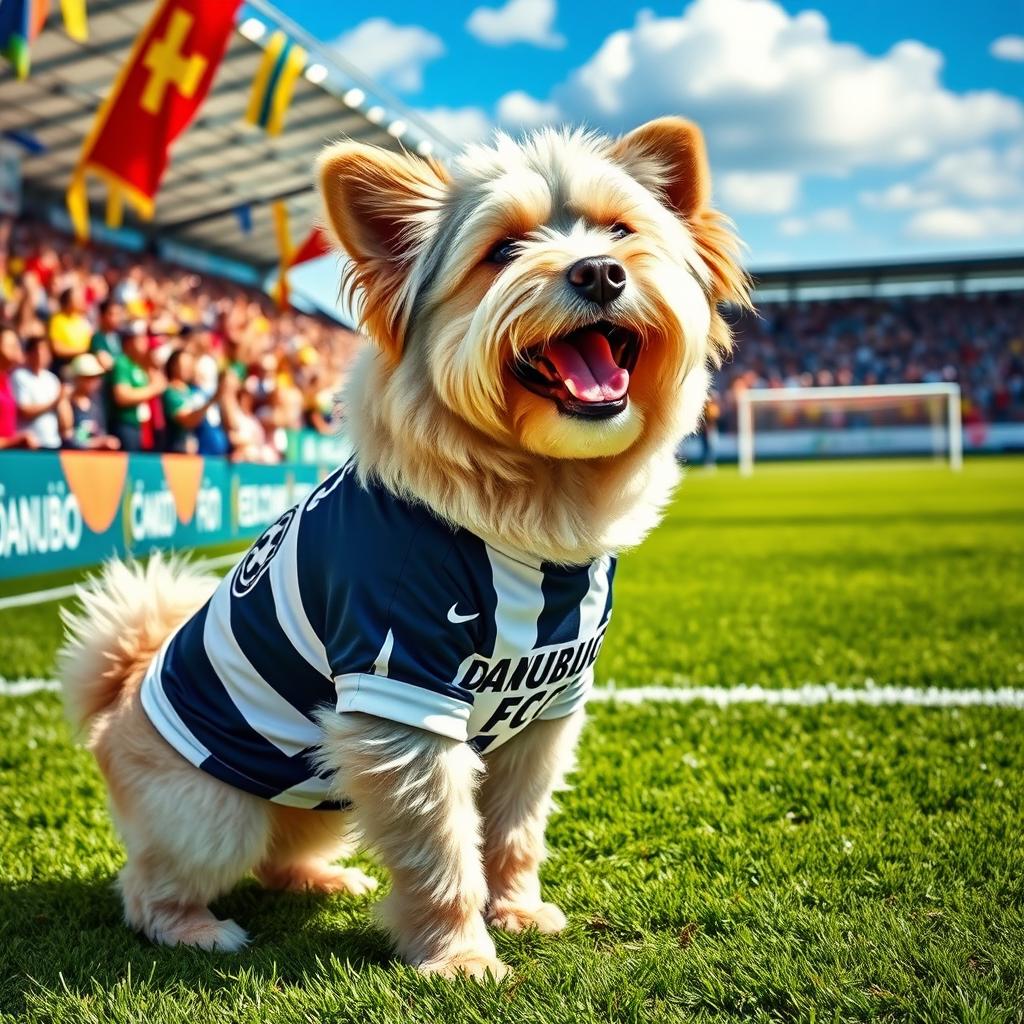 A playful dog wearing a Danubio FC jersey, standing proudly in a vibrant soccer field