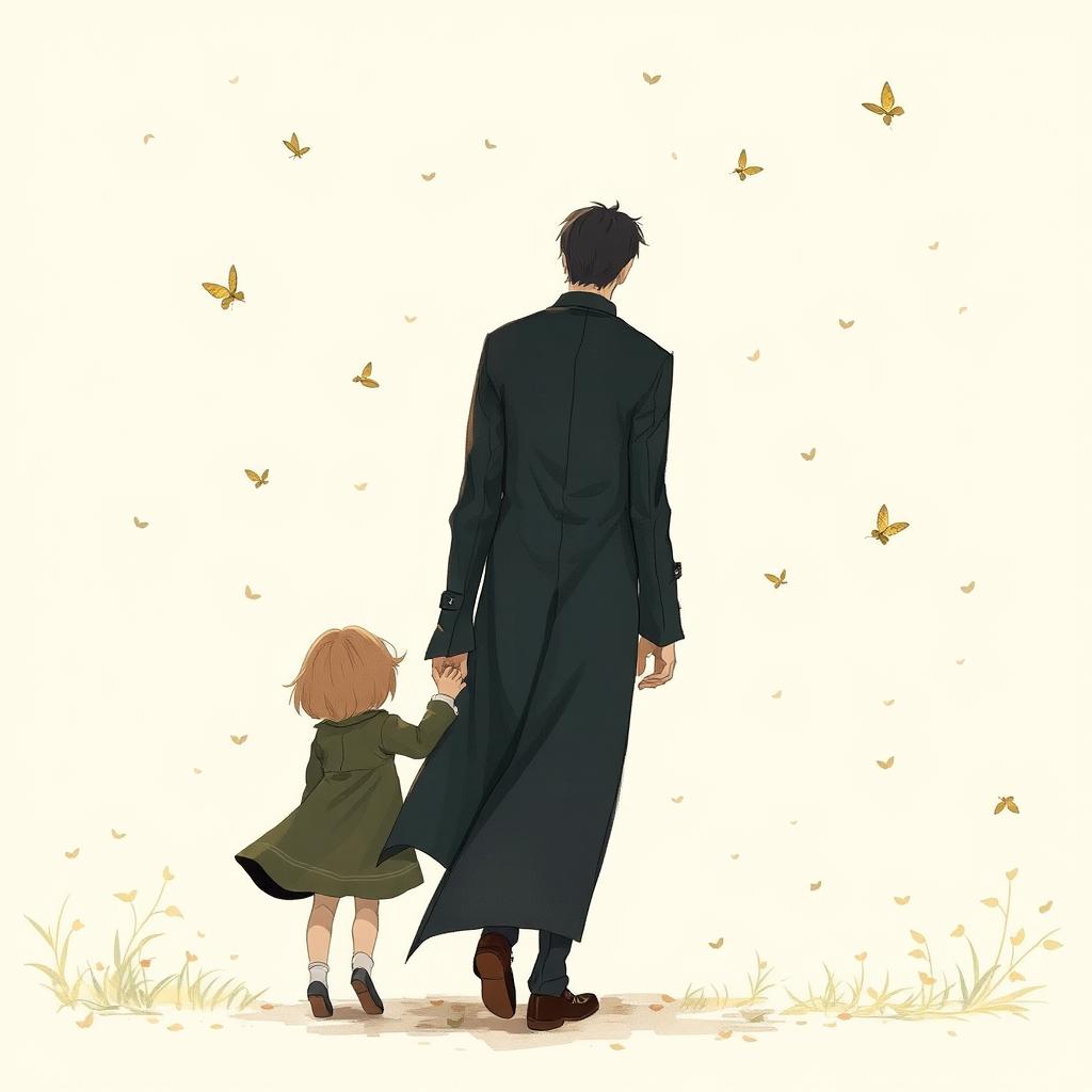 An adult man wearing a long black coat, holding hands with a girl, both facing away