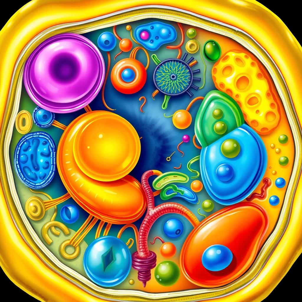 An intricate illustration of an animal cell, showcasing all its components in vibrant detail