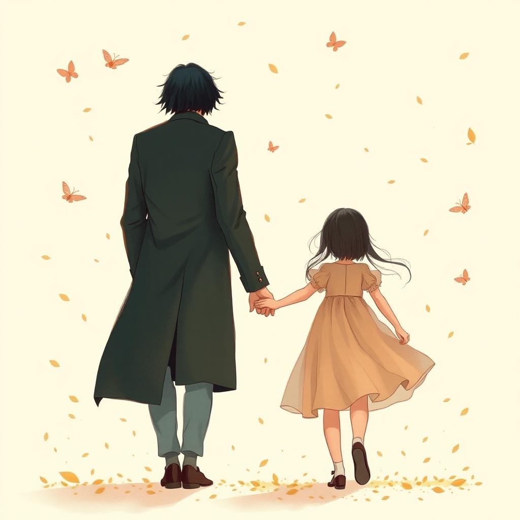 A father with black hair holding hands with his daughter, both facing away