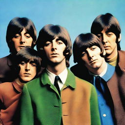 An iconic group portrait of The Beatles, showcasing John Lennon, Paul McCartney, George Harrison and Ringo Starr with their distinctive 60s style