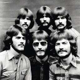 A vintage group portrait of the rock band Creedence Clearwater Revival, featuring band members John Fogerty, Tom Fogerty, Stu Cook and Doug Clifford