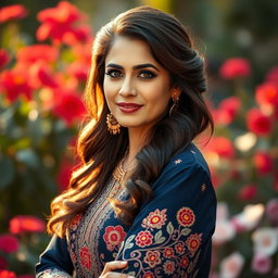 A stunning Pakistani mature woman with an elegant and attractive figure, wearing a beautifully embroidered traditional outfit that complements her beauty