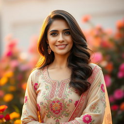 A stunning Pakistani mature woman with an elegant and attractive figure, wearing a beautifully embroidered traditional outfit that complements her beauty