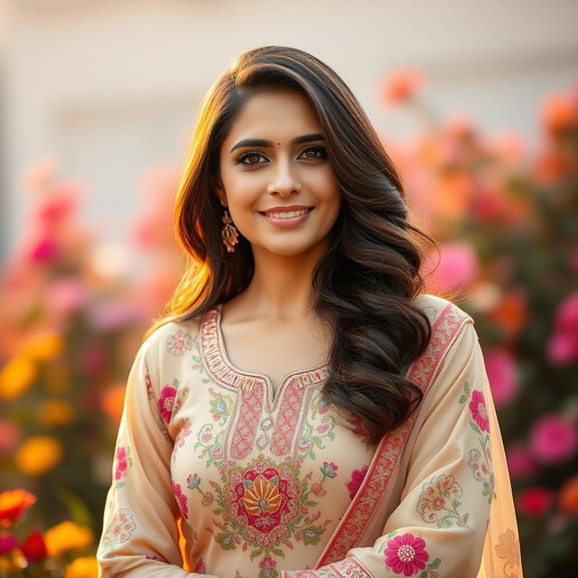 A stunning Pakistani mature woman with an elegant and attractive figure, wearing a beautifully embroidered traditional outfit that complements her beauty