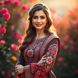 A stunning Pakistani mature woman with an elegant and attractive figure, wearing a beautifully embroidered traditional outfit that complements her beauty