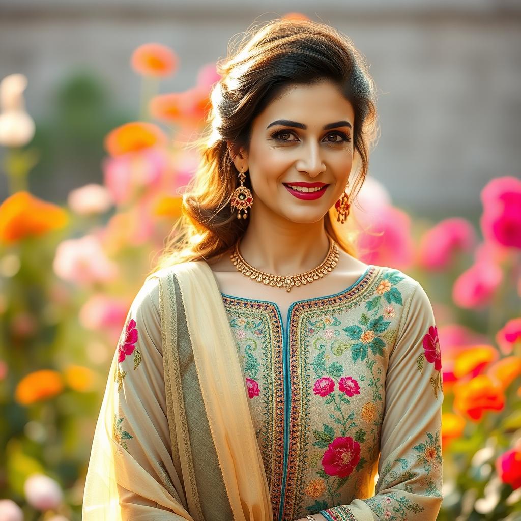 A stunning Pakistani mature woman with an elegant and attractive figure, wearing a beautifully embroidered traditional outfit that complements her beauty