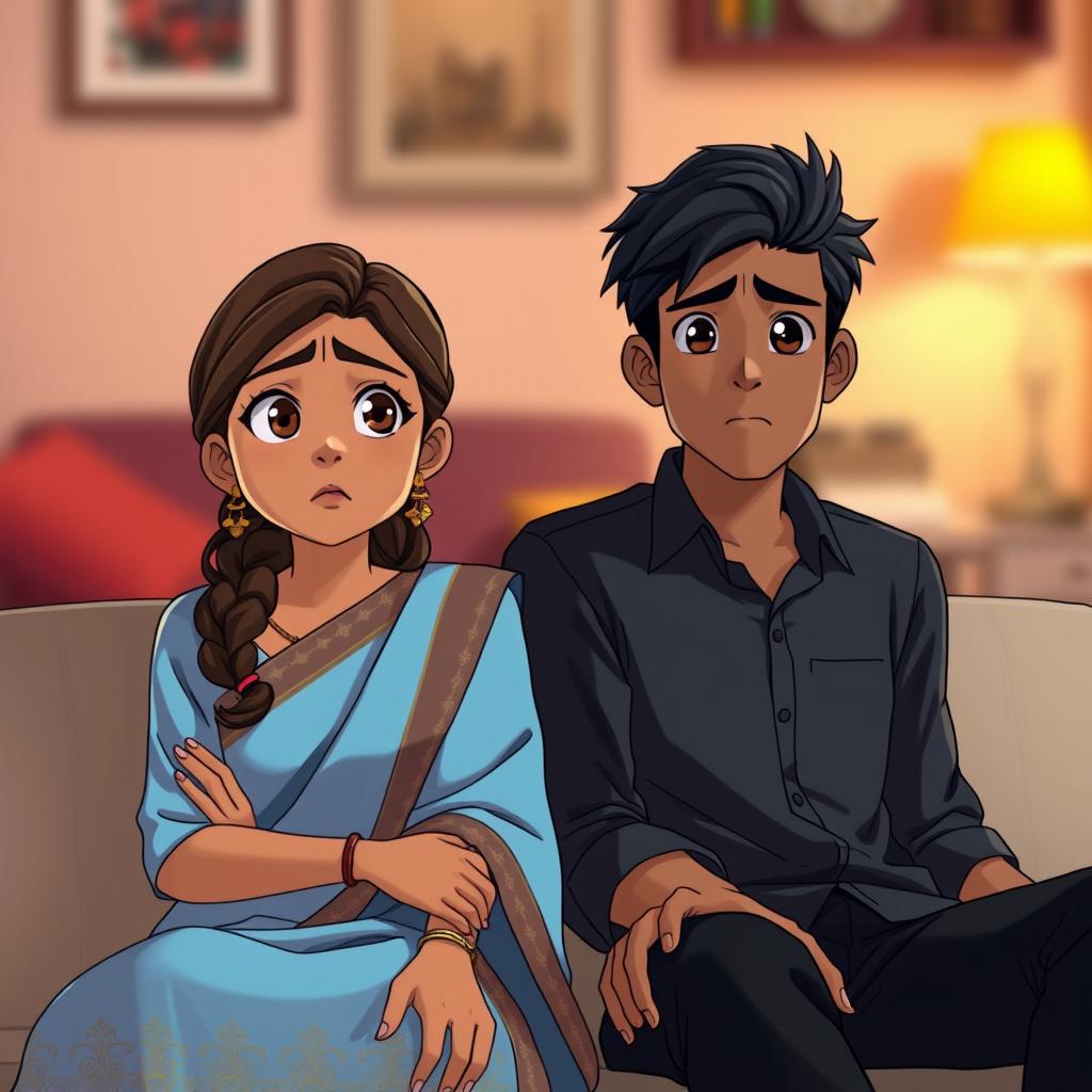 A 20-year-old Indian anime girl with a wheatish skin tone, dark brown hair, and hazel eyes, dressed in a baby blue anarkali suit, sitting beside a 22-year-old Indian anime boy who has a wheatish skin tone, black hair, and black eyes, wearing a black shirt and black trousers