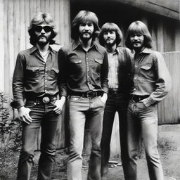 A vintage group portrait of the rock band Creedence Clearwater Revival, featuring band members John Fogerty, Tom Fogerty, Stu Cook and Doug Clifford