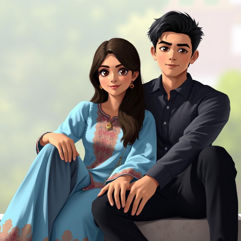 A 20-year-old Indian anime girl with a wheatish skin tone, dark brown hair, and hazel eyes, dressed in a baby blue anarkali suit, sitting beside a 22-year-old Indian anime boy who has a wheatish skin tone, black hair, and black eyes, wearing a black shirt and black trousers