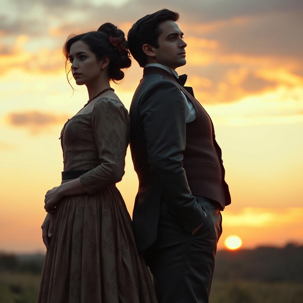 An image of a woman and a man dressed in 19th-century clothing, standing back to back with melancholic expressions, gazing towards the horizon