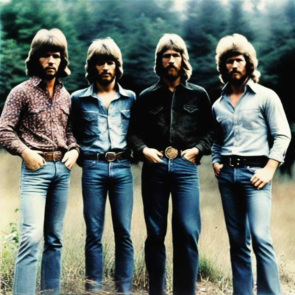 A vintage group portrait of the rock band Creedence Clearwater Revival, featuring band members John Fogerty, Tom Fogerty, Stu Cook and Doug Clifford