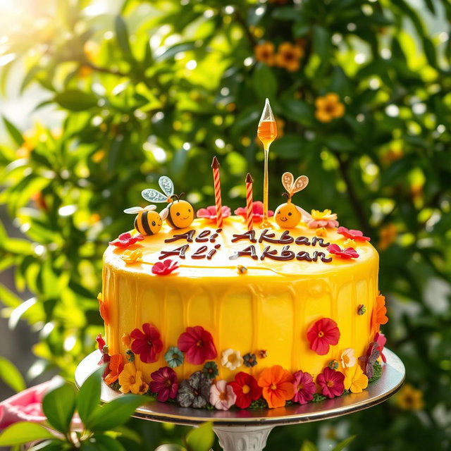 A colorful birthday cake for 'Ali Akbar', decorated with cute bee figures and drizzles of honey on top