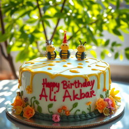 A colorful birthday cake for 'Ali Akbar', decorated with cute bee figures and drizzles of honey on top