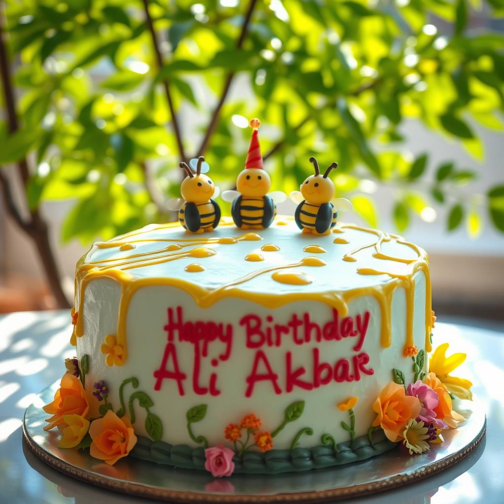 A colorful birthday cake for 'Ali Akbar', decorated with cute bee figures and drizzles of honey on top