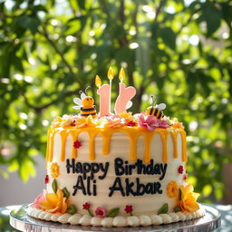 A colorful birthday cake for 'Ali Akbar', decorated with cute bee figures and drizzles of honey on top