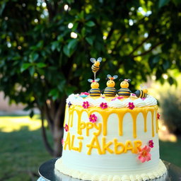 A colorful birthday cake for 'Ali Akbar', decorated with cute bee figures and drizzles of honey on top