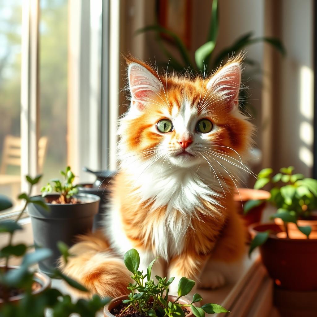 A cute and fluffy cat with striking green eyes, playful demeanor, sitting comfortably on a sunny windowsill surrounded by potted plants