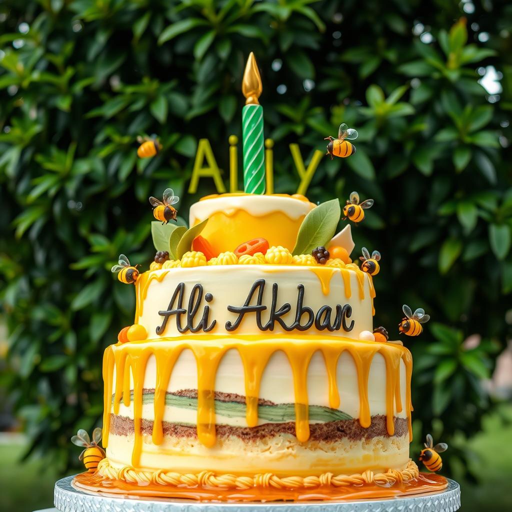 A vibrant birthday cake designed for a celebration with the name 'Ali Akbar' beautifully written on it