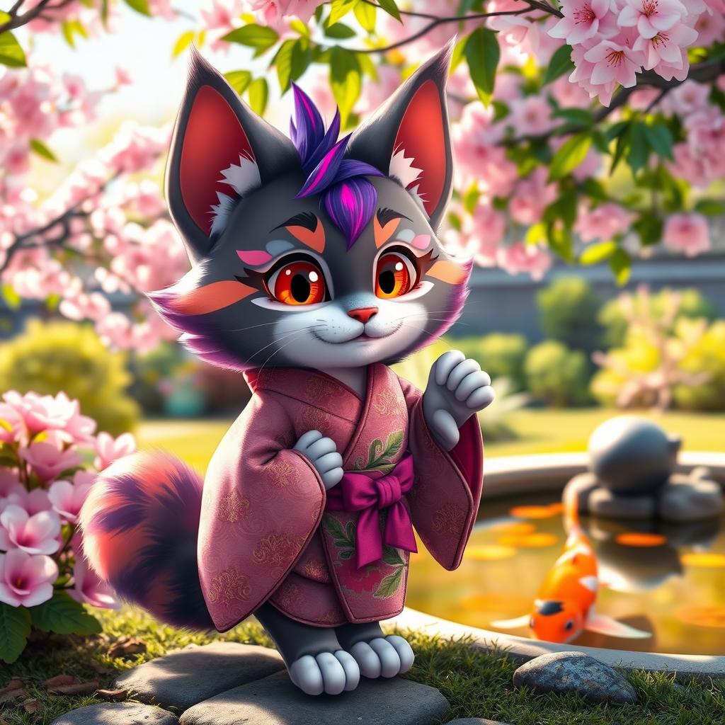 A furry cat character with vibrant fur patterns, large expressive eyes, and oversized ears, dressed in a stylish Kimono adorned with intricate floral designs
