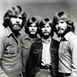 A vintage group portrait of the rock band Creedence Clearwater Revival, featuring band members John Fogerty, Tom Fogerty, Stu Cook and Doug Clifford