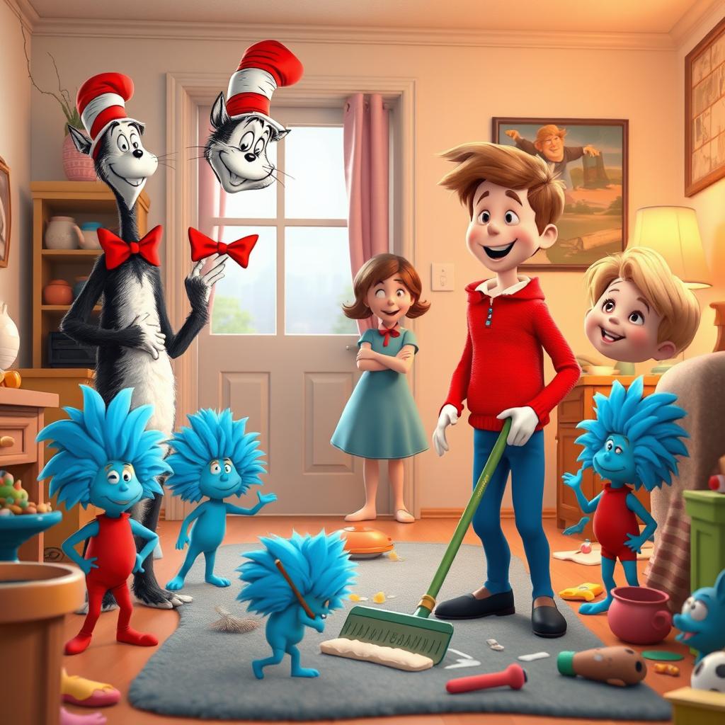 A whimsical scene showcasing the Cat in the Hat using a magical cleaning machine to bring order back to a messy house