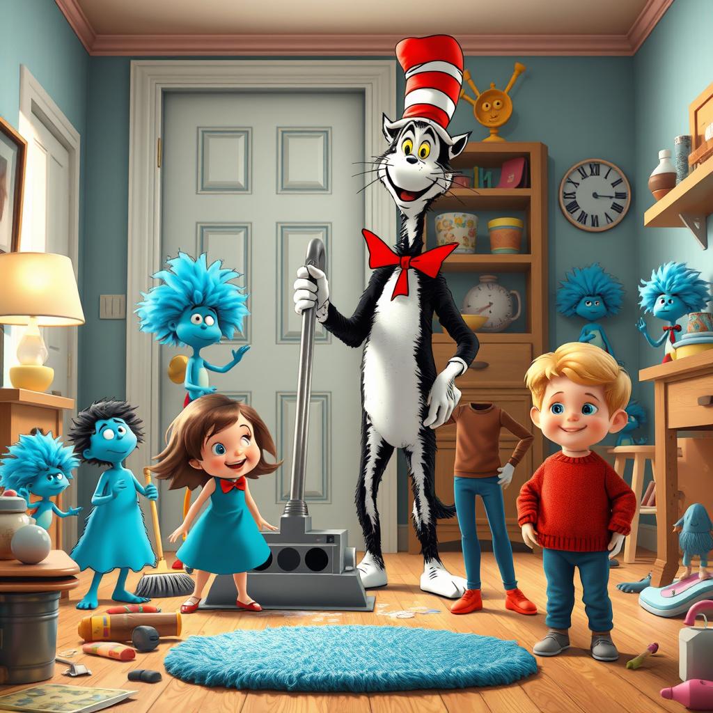 A lively scene depicting the Cat in the Hat energetically using a magical cleaning machine to restore order in a once messy house