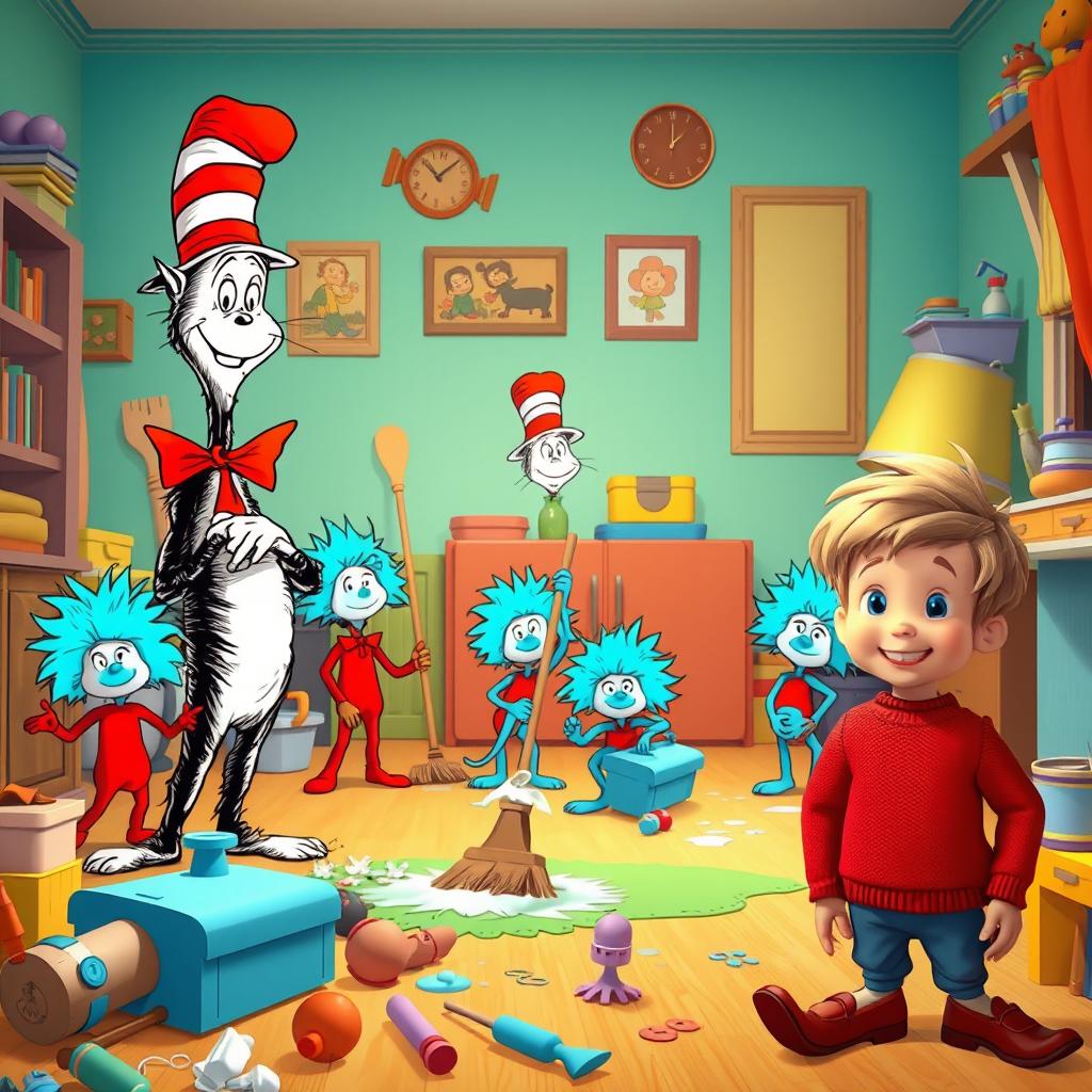 A lively scene depicting the Cat in the Hat enthusiastically using a magical cleaning machine to restore order in a lively, messy house